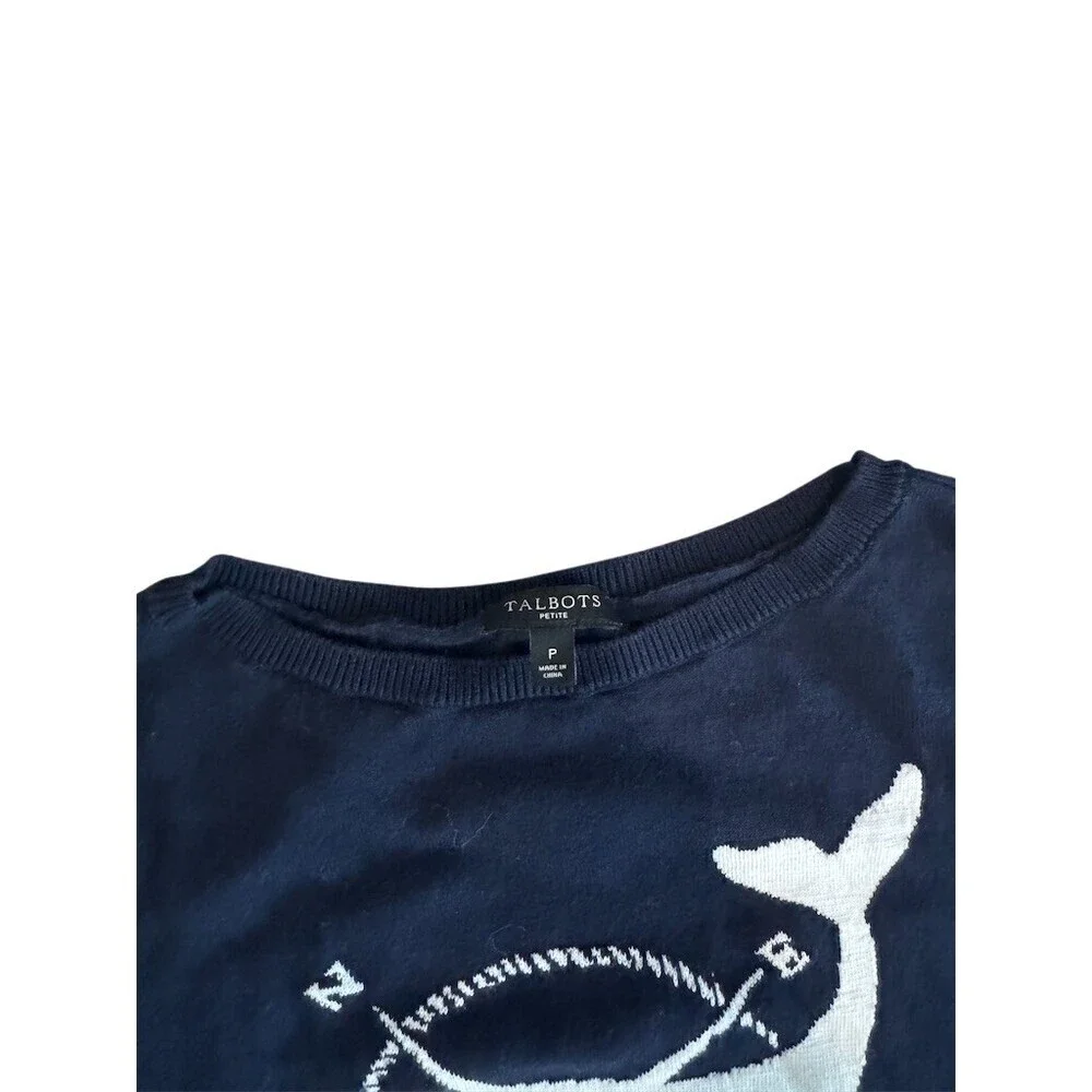Talbots Petites Sweater Womens S Navy Whale Compass Graphic Crew Neck - Picture 2 of 5